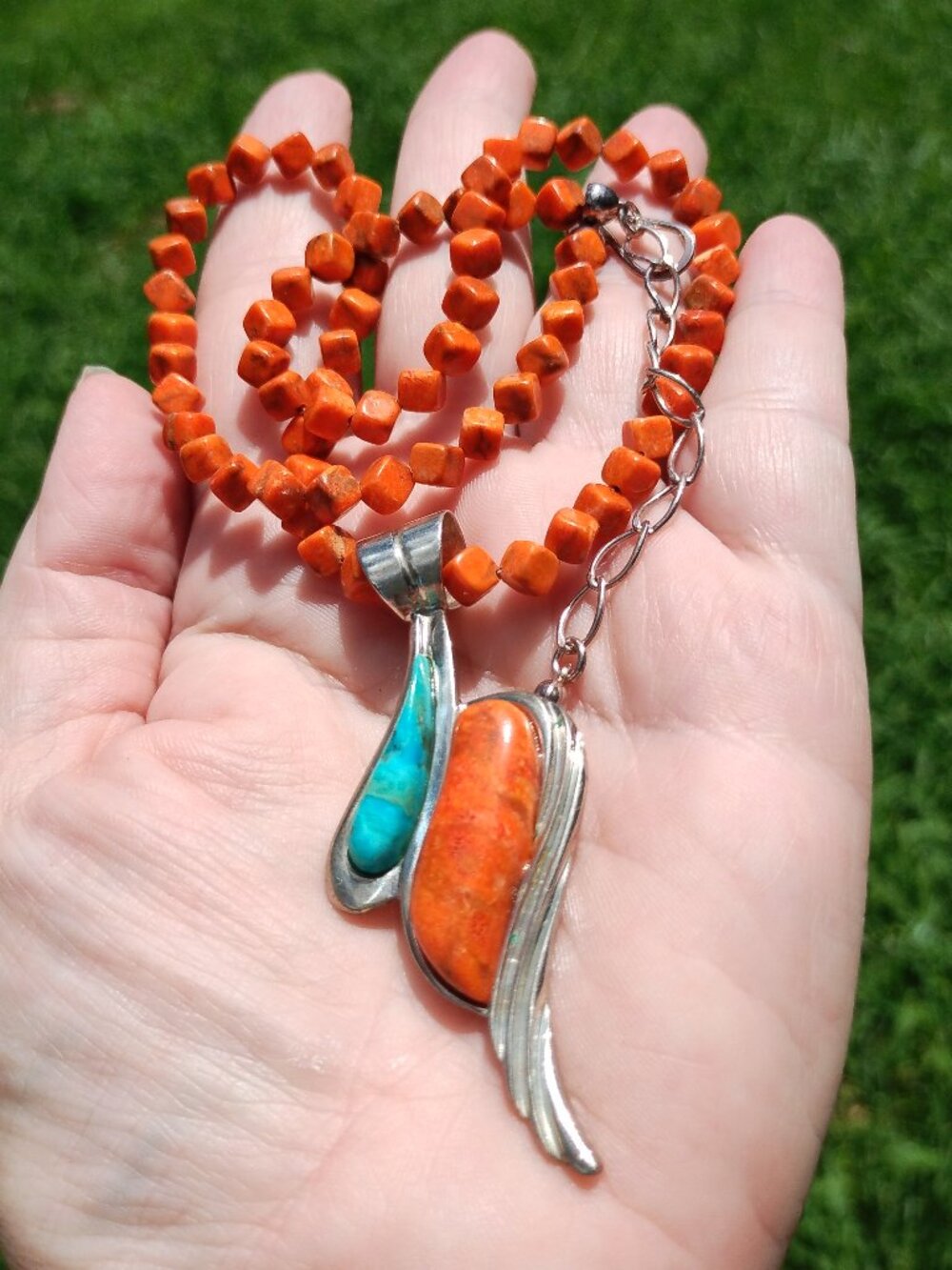 Jay King DTR mine finds coral necklace Turquoise inlay pendant 925 Sterling Silv - Picture 7 of 7